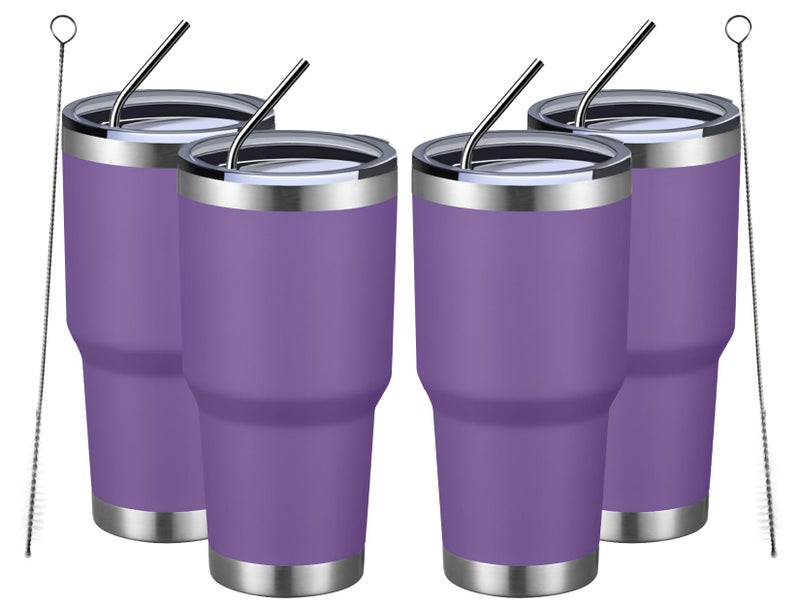 MEWAY 30oz Insulated Tumbler With Lids and Straws,Stainless Steel Double Vacuum Coffee Tumbler Cup, Brush, Durable Powder Coated Coffee Cup for Cold & Hot Drinks, Office, Travel(Purple,4 PACK) - Image 1
